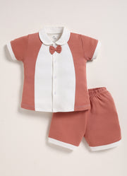 Half-Sleeve Top & Bottom For Girls - Brown with Bow Tie