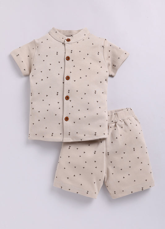 Printed Half T Shirt & Shorts Set For Baby Boy-Beige