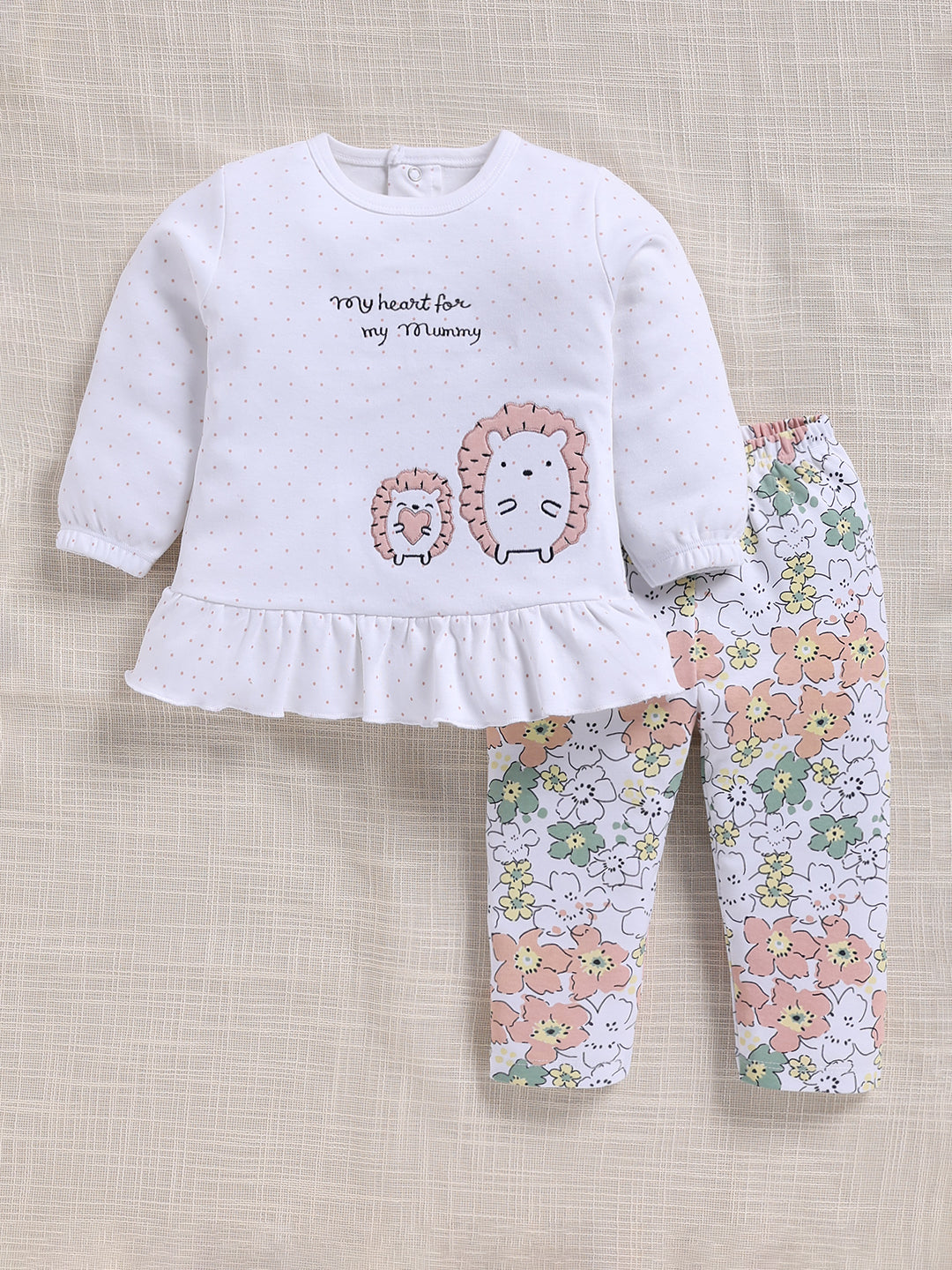 Top & Bottom for Girls - Floral White Hedgehog Polka-Dot
