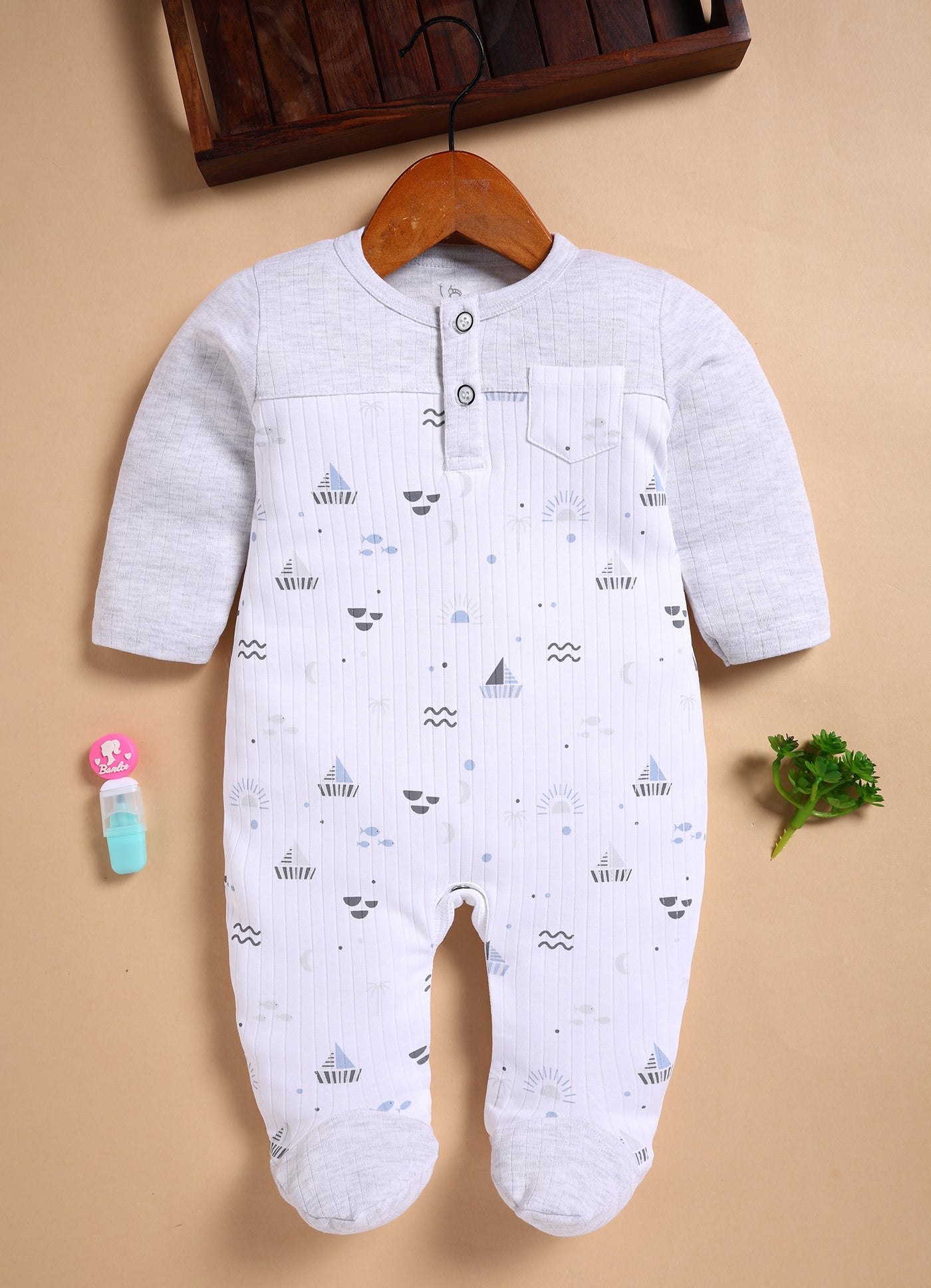 Full Sleeve Romper for Boys - White Melange Set Sail