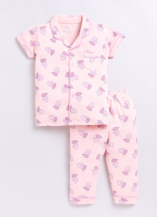 Cute Heart Baby Girl Half Sleeves Night Suit-PEACH