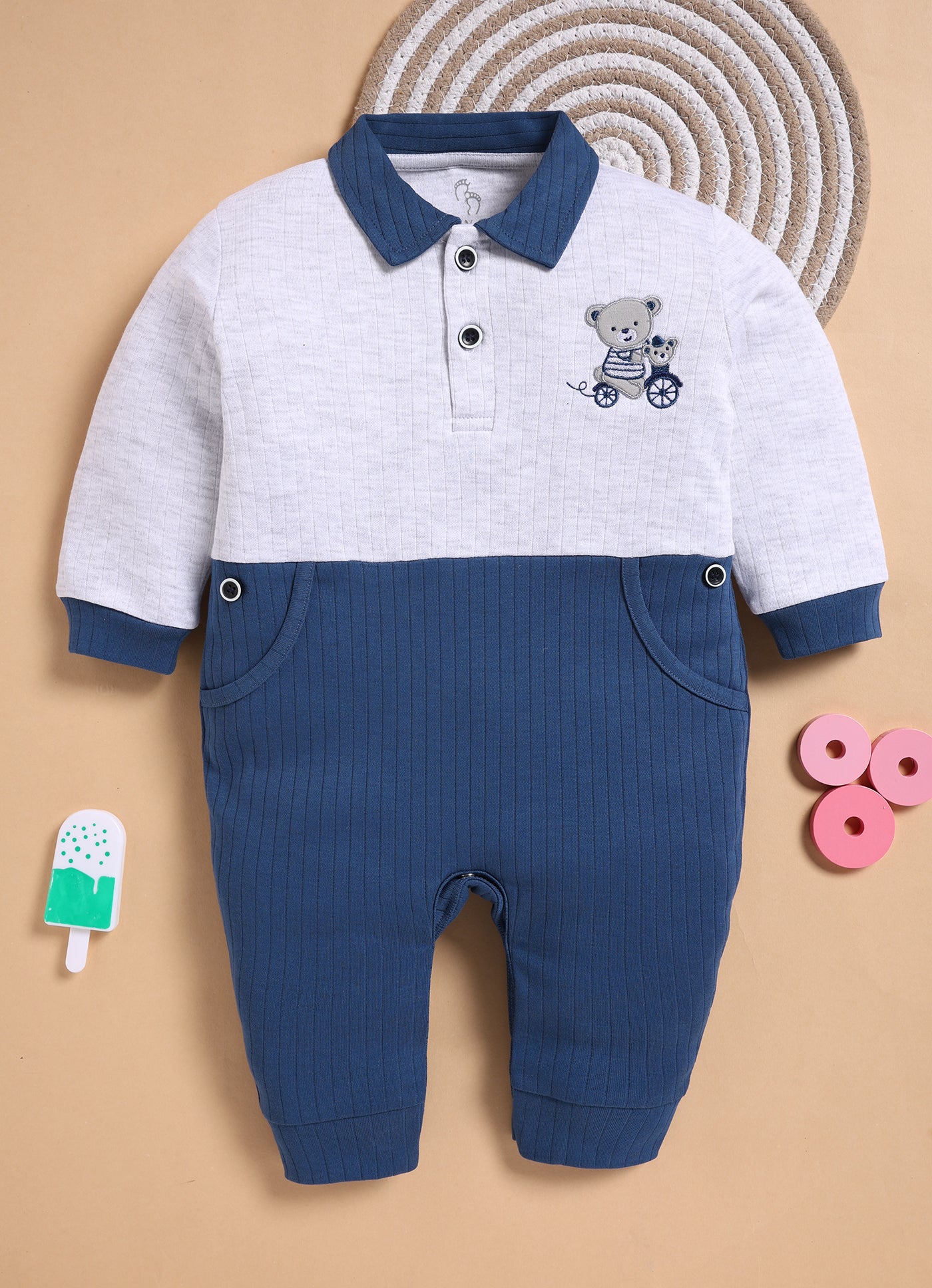 Full Sleeve Romper for Boys - Light Navy Blue Teddy Ride