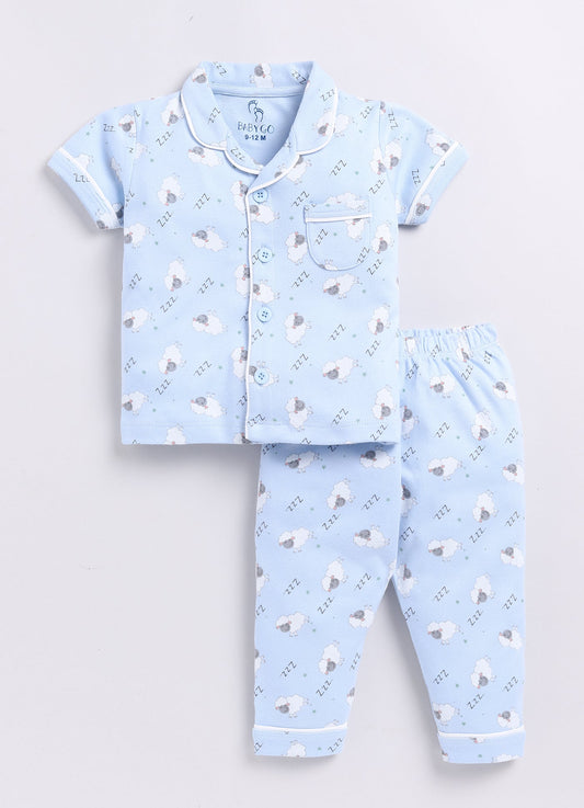Sheep Print Baby Boy Half Sleeves Night Suit-SKY