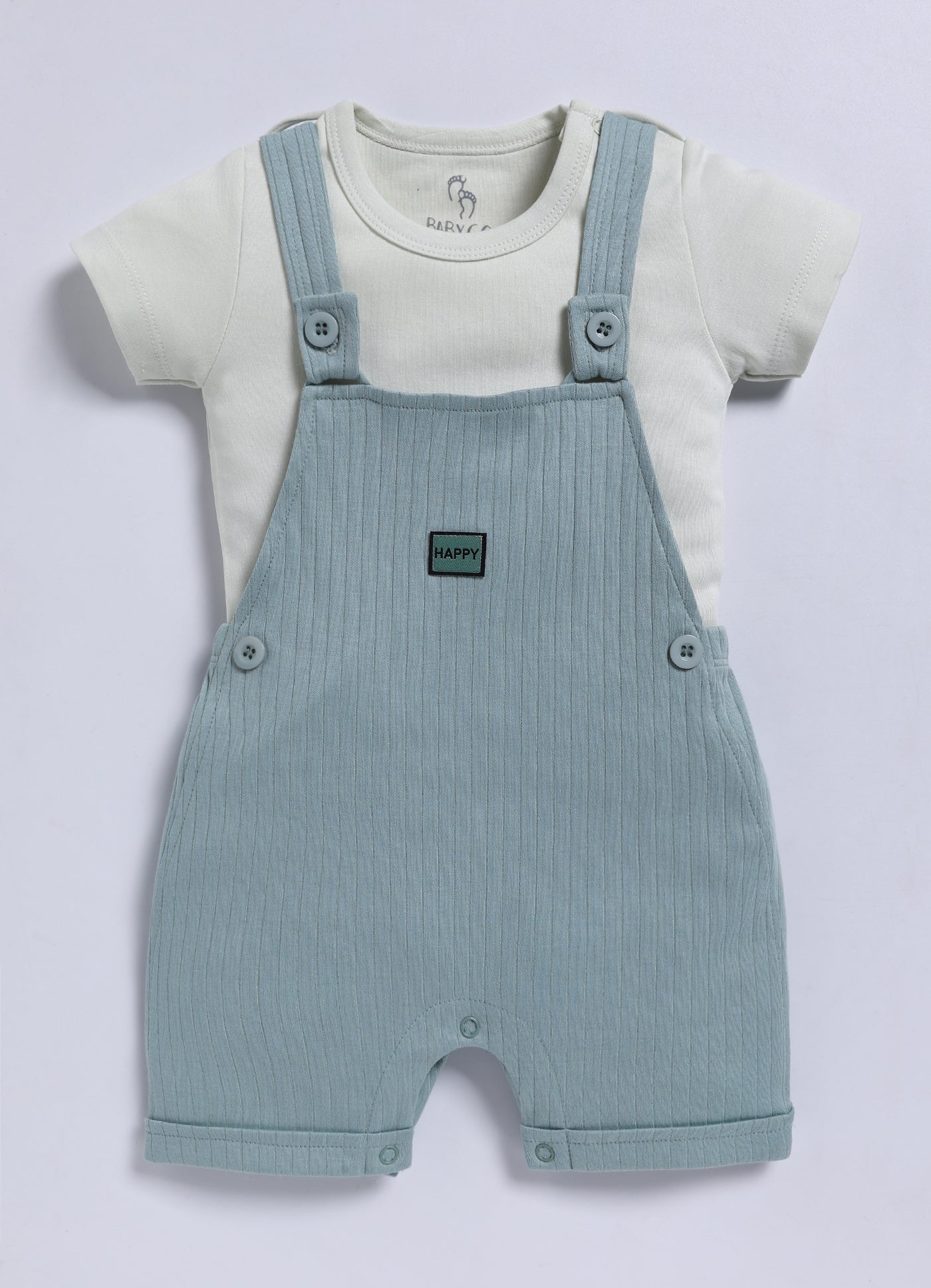 Half Sleeve Dungaree for Boys - Mint Green Happy Badge