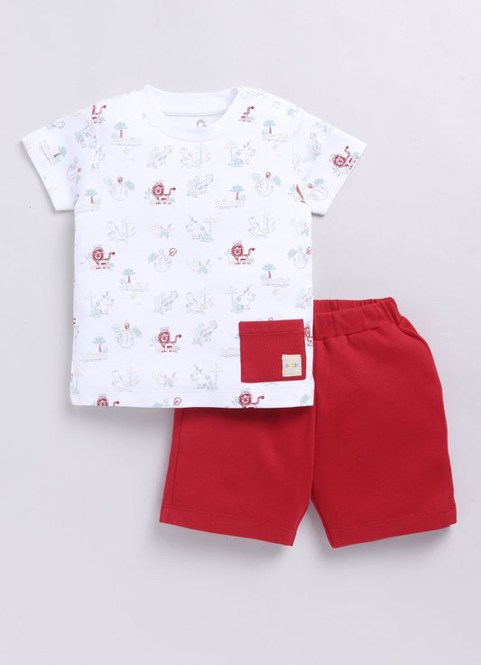Playful Animal Printed Half T Shirt & Short set for Baby Boy-Red