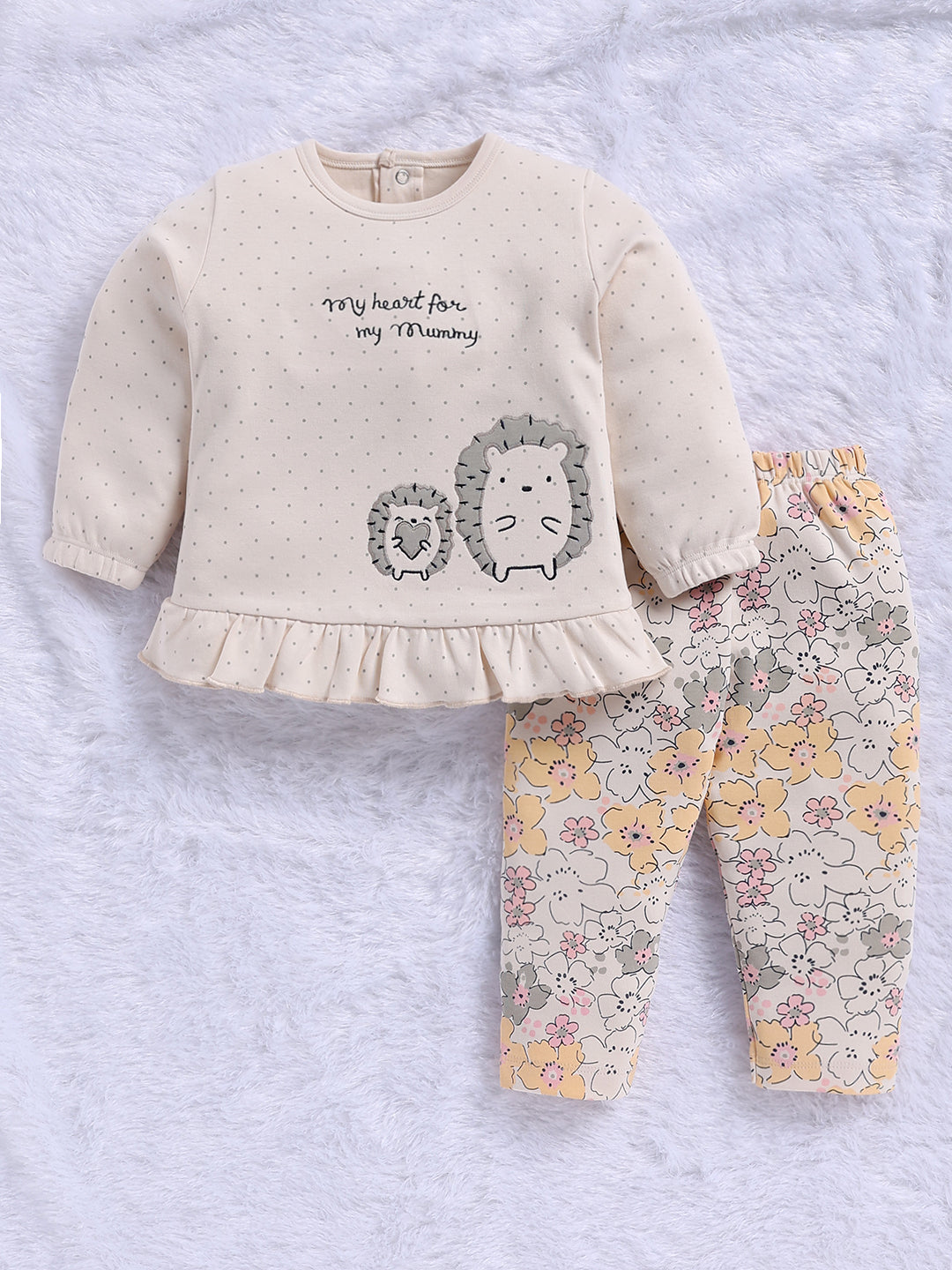 Top & Bottom for Girls - Light Beige Hedgehog Ruffle-Trim