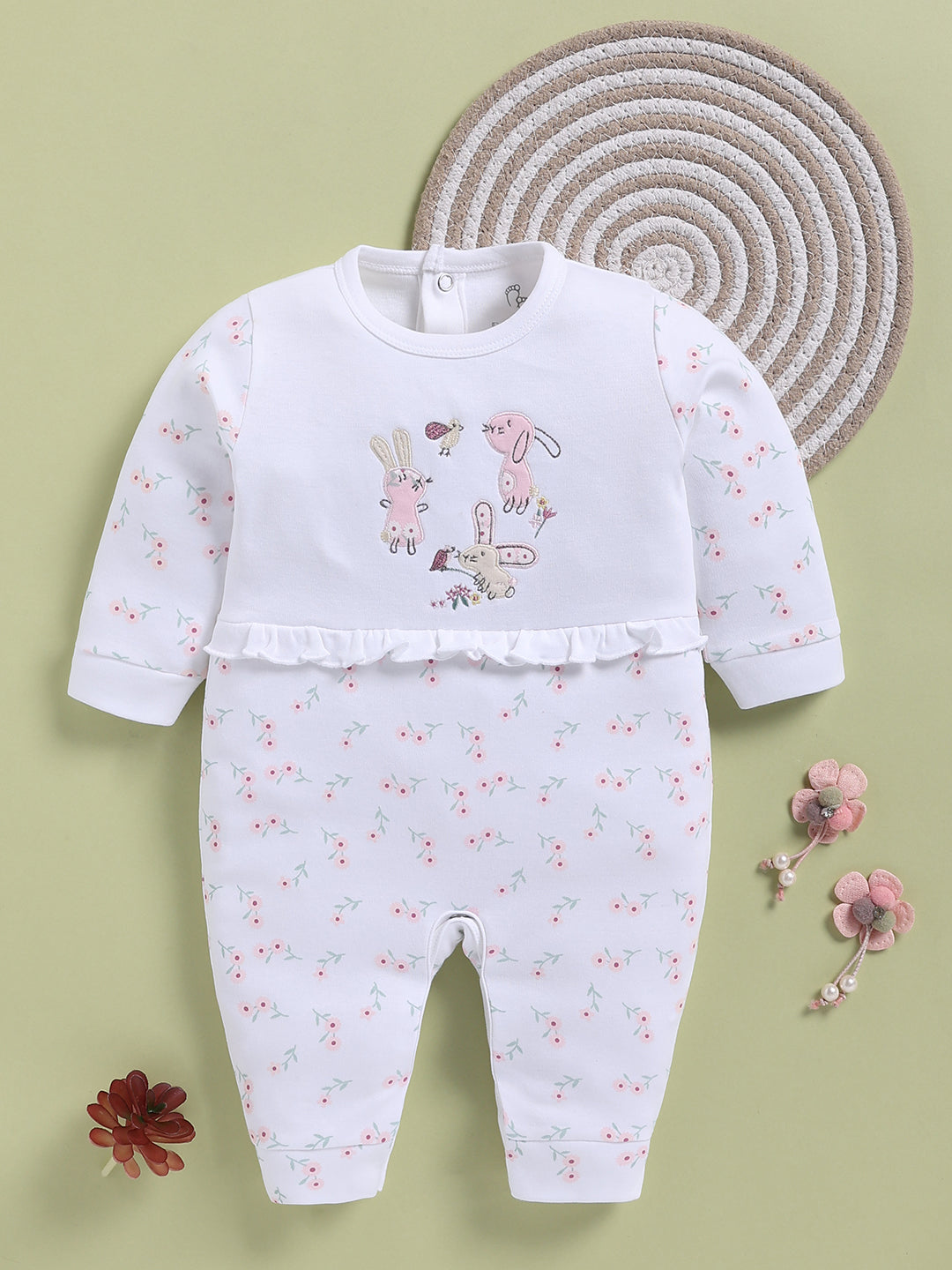 Full Sleeve Romper for Girls – White Ruffle-Trimmed