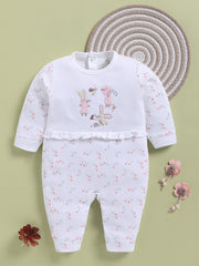 Full Sleeve Romper for Girls – White Ruffle-Trimmed
