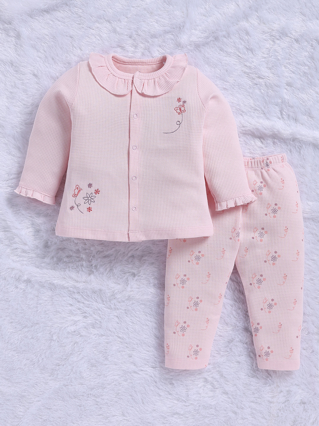 Top & Bottom for Girls - Baby Pink Butterfly Embroidered Waffle Top & Printed Trousers Set