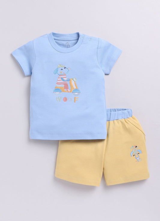Happy Woof Printed Baby Boy Half T Shirt & Short Set-Blue