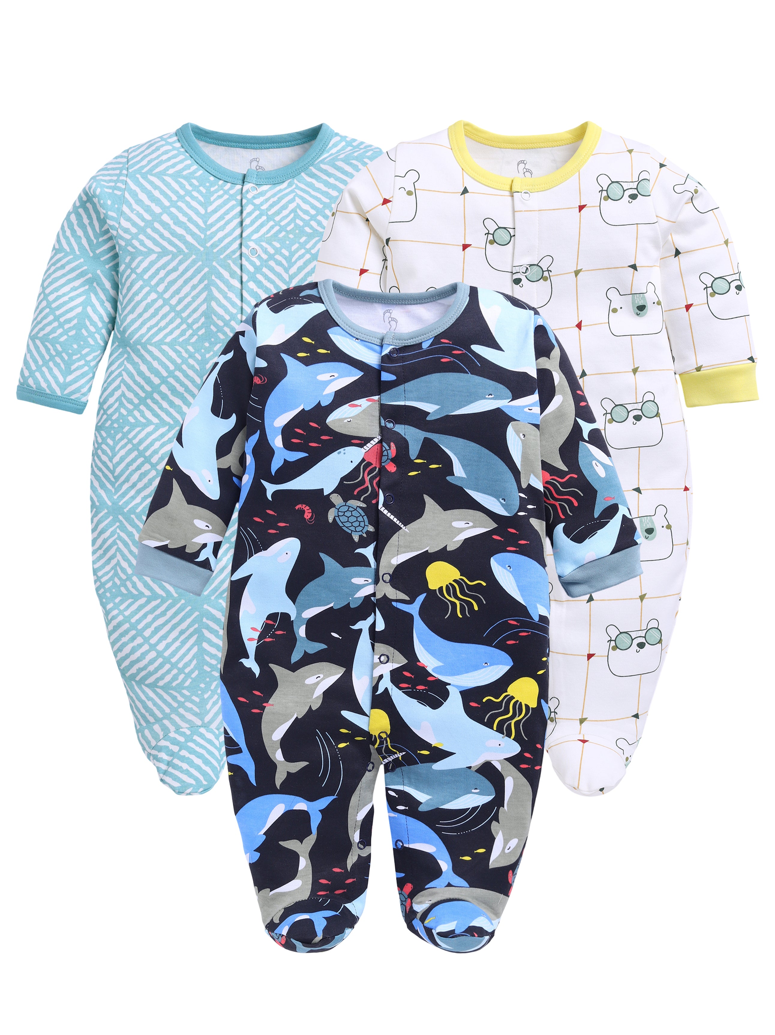 Full Sleeve Romper for Boys - Sea Green & Green & Navy