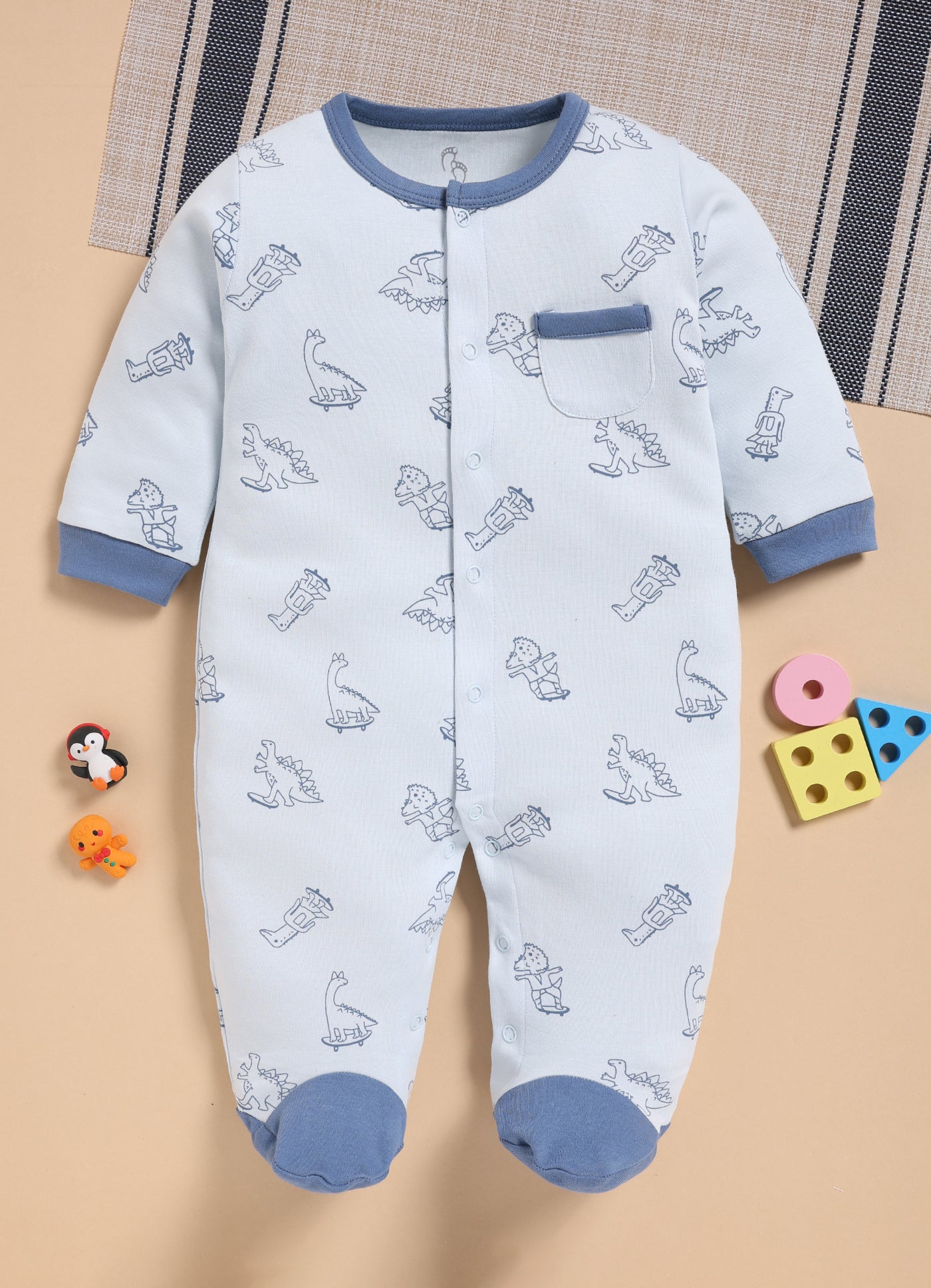 Full Sleeve Romper for Boys - Cyan Little Dinos