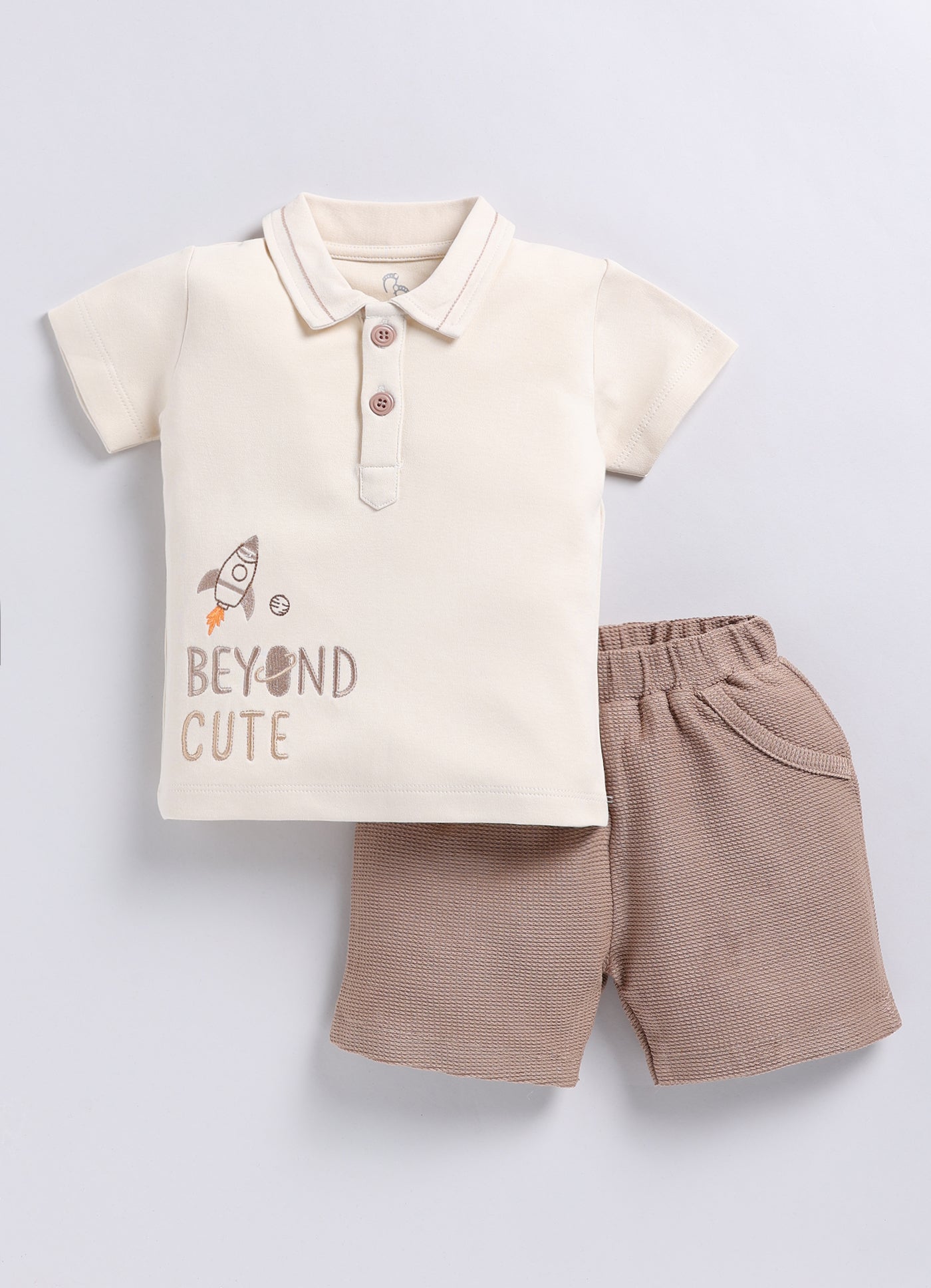Baby Boy Beyond Cute Printed Half T Shirt & Textuted short set-Beige