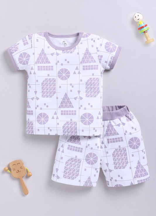 Soft Cotton Baby Boy Co-ord Set – White & Lavender Geometric Print