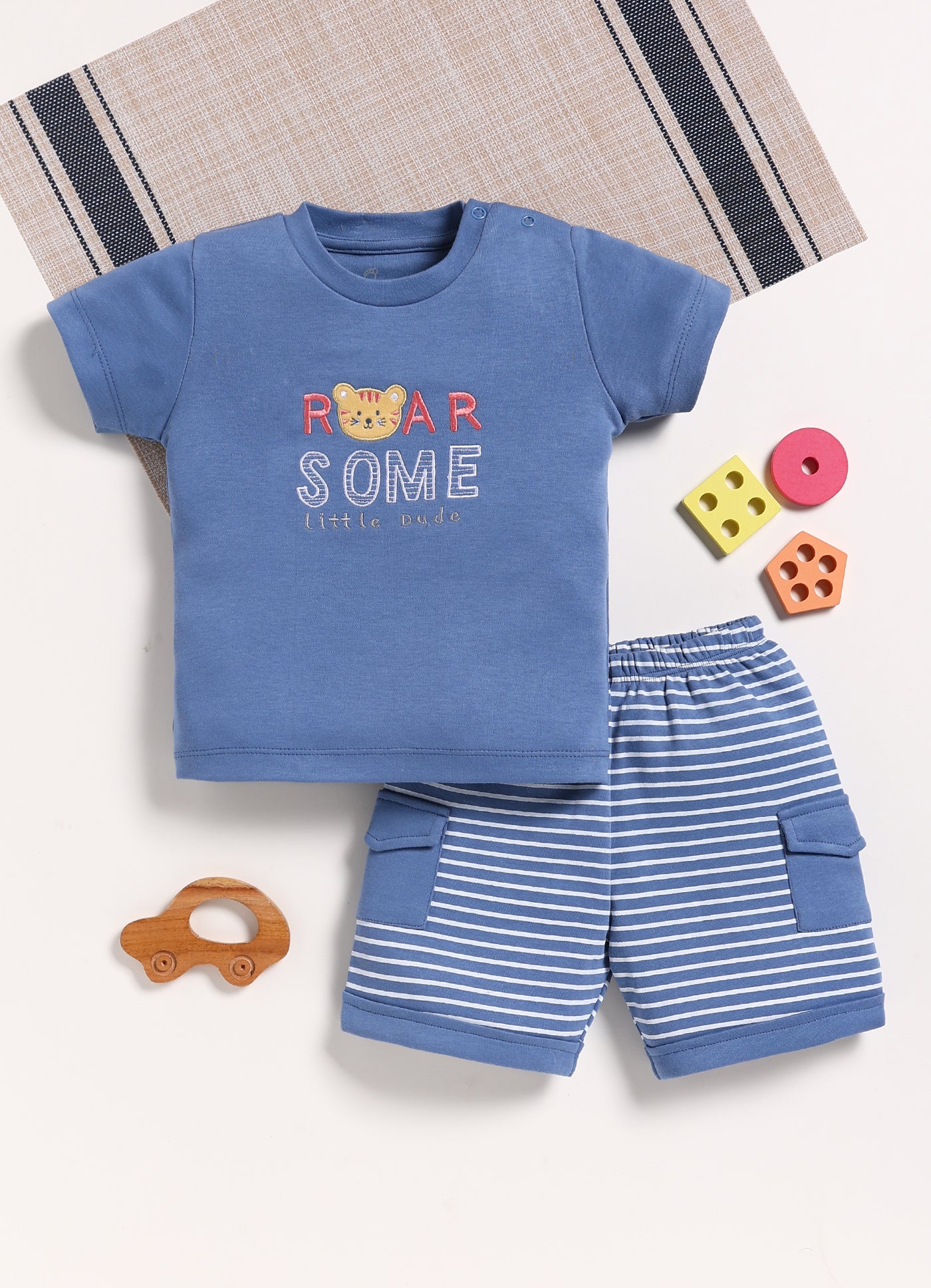 Half-Sleeve Top & Bottom For Boys - Blue Roar Little Dude