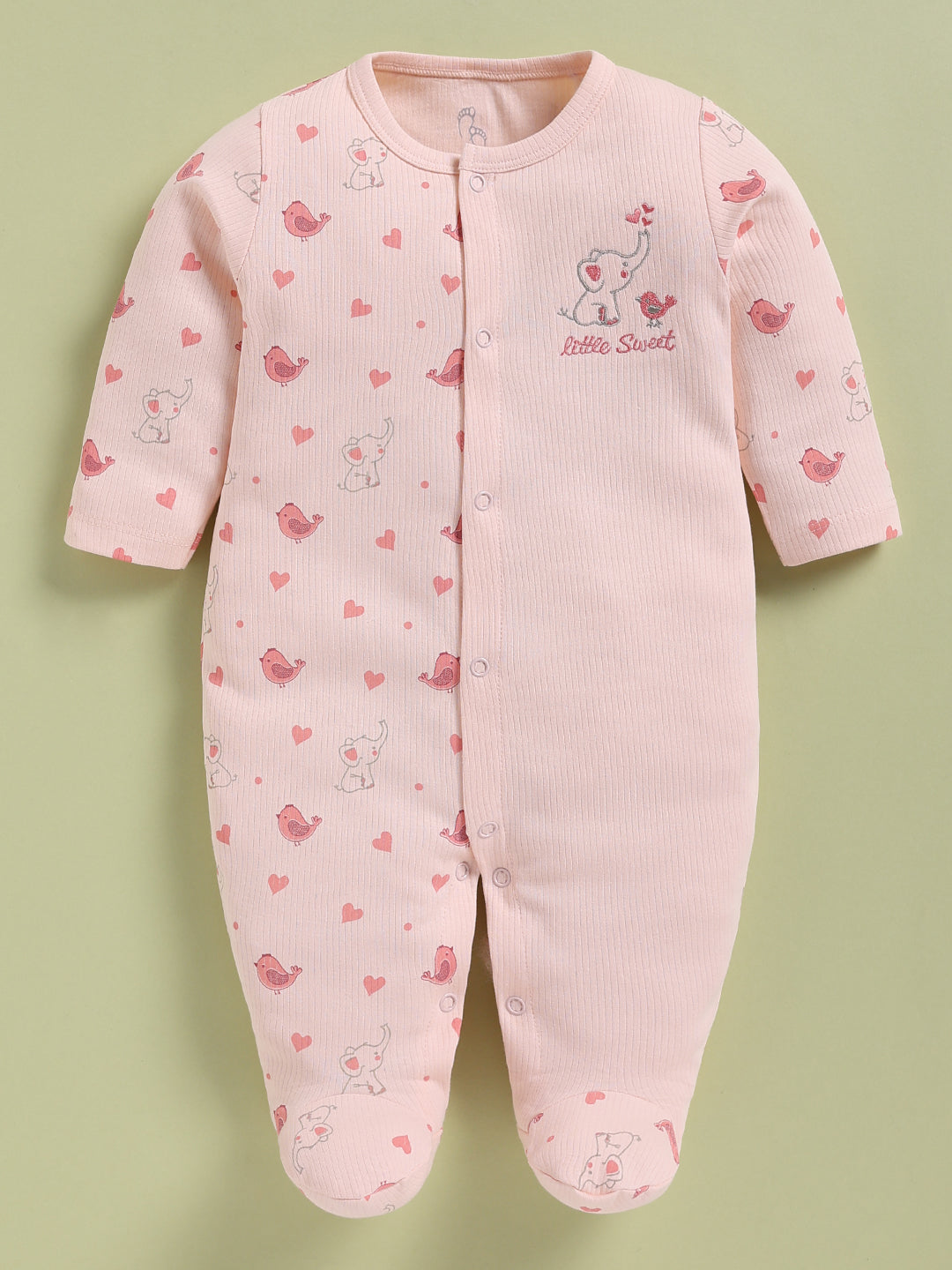 Full Sleeve Romper for Girls – Baby Pink Elephant & Bird Printed