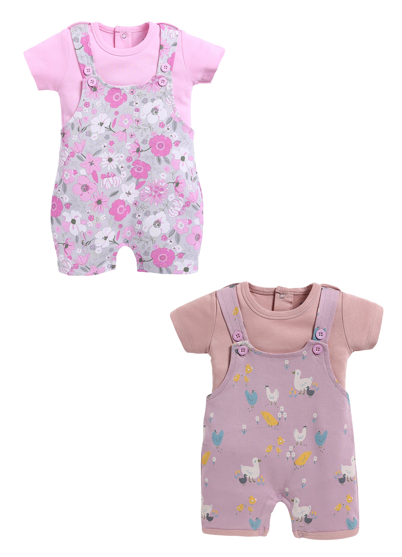 Half Sleeve Dungaree for Girls - Stone & Pink