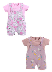 Half Sleeve Dungaree for Girls - Stone & Pink