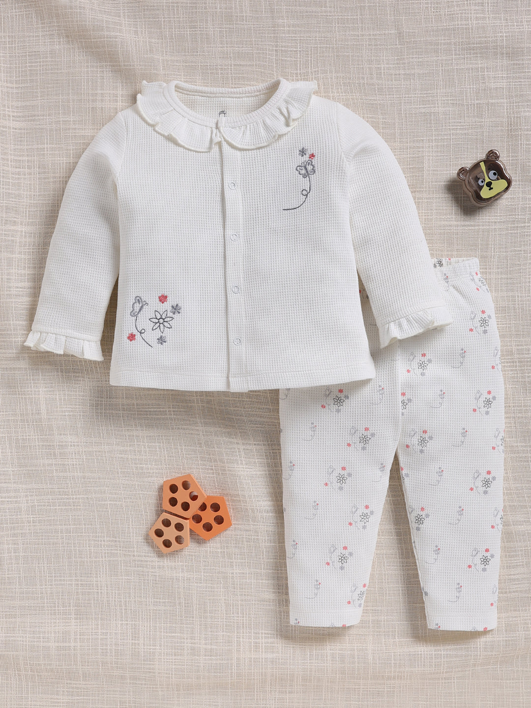 Top & Bottom for Girls - White Butterfly Embroidered Waffle Top & Printed Trousers Set