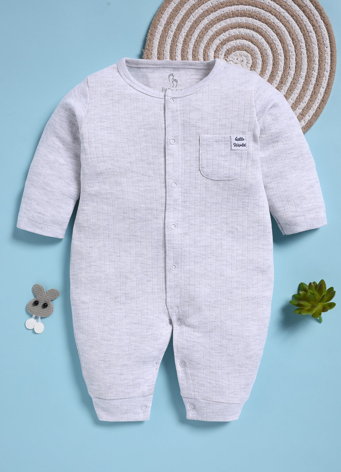 Full Sleeve Romper for Boys – White Melange Hello World