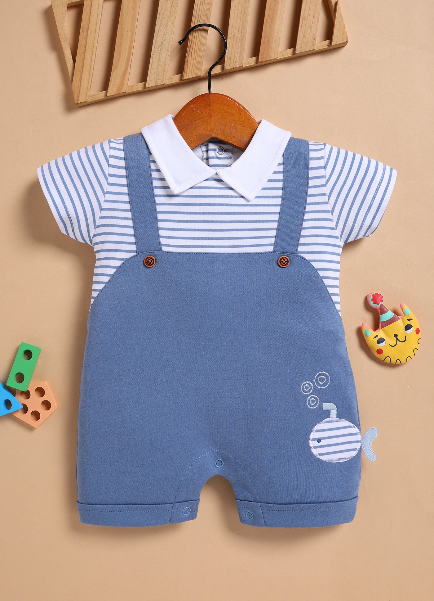 Half-Sleeve Romper for Boys – Blue Whale with Bubbles