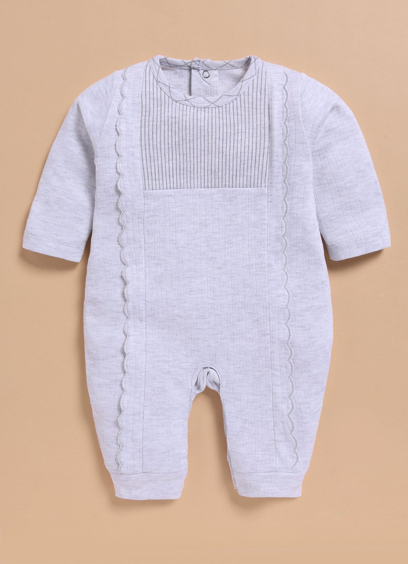 Full Sleeve Romper for Girls - White Melange Pintuck Scallop
