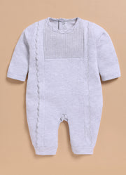 Full Sleeve Romper for Girls - White Melange Pintuck Scallop