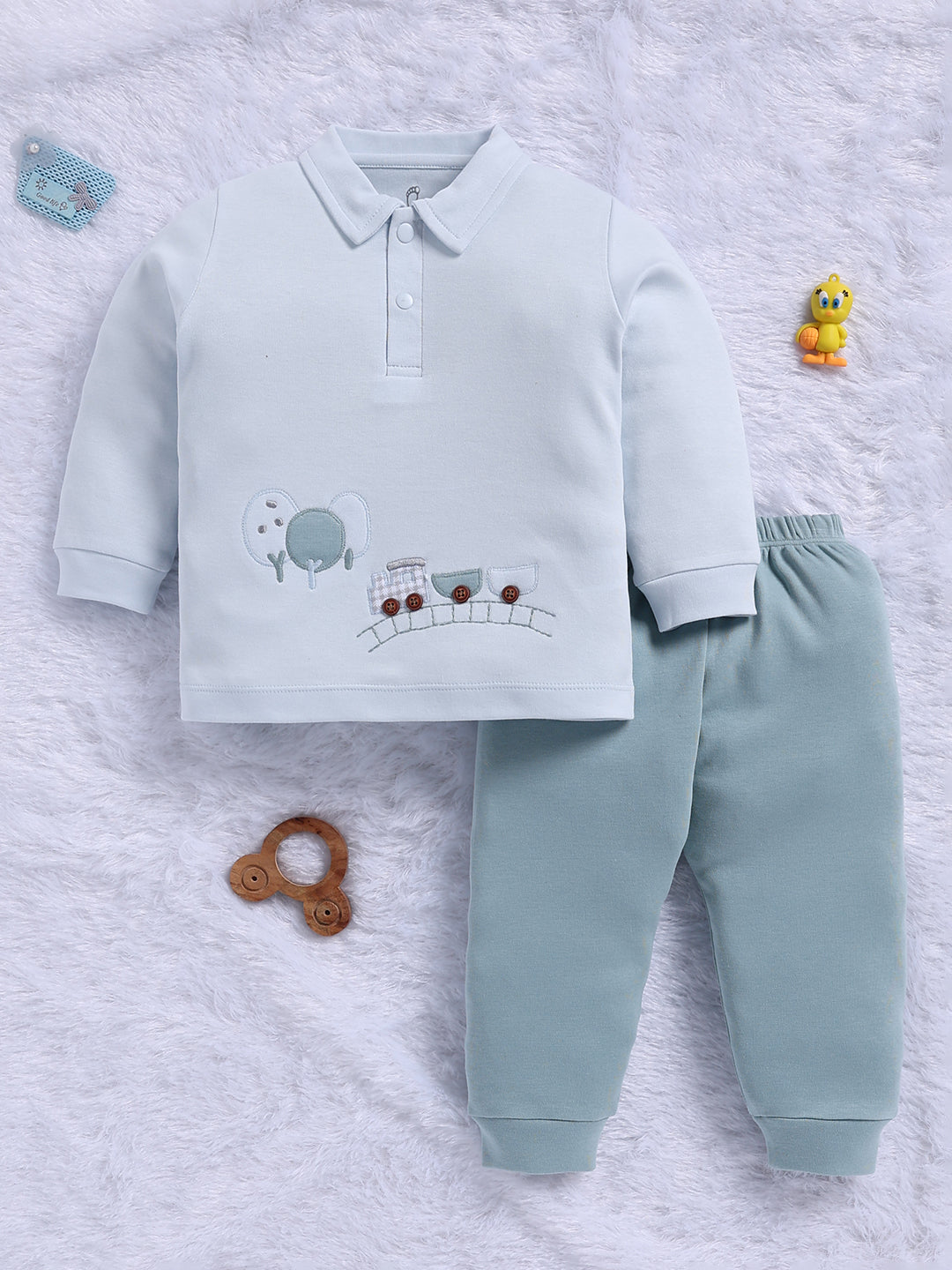 Top & Bottom for Boys - Mint Green Train Applique