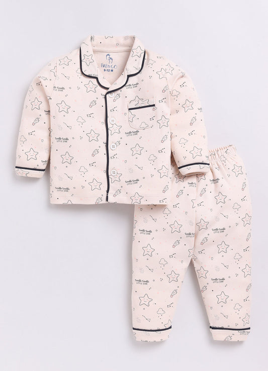 Cute Baby Girl Stars Printed Night Suit-BEIGE