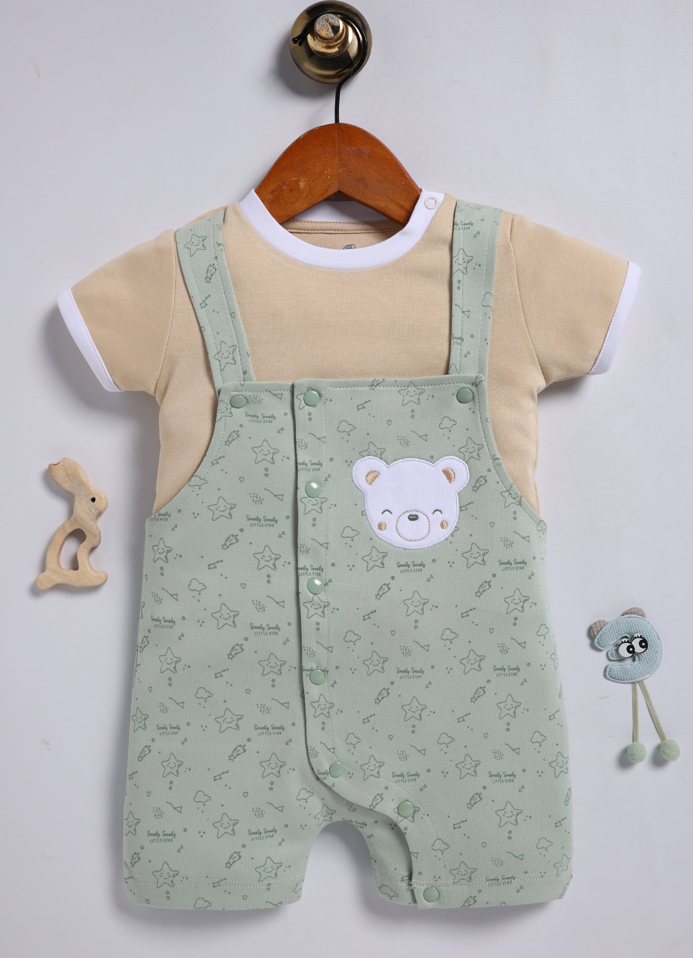 Half Sleeve Dungaree for Boys - Mint Green Starry Bear
