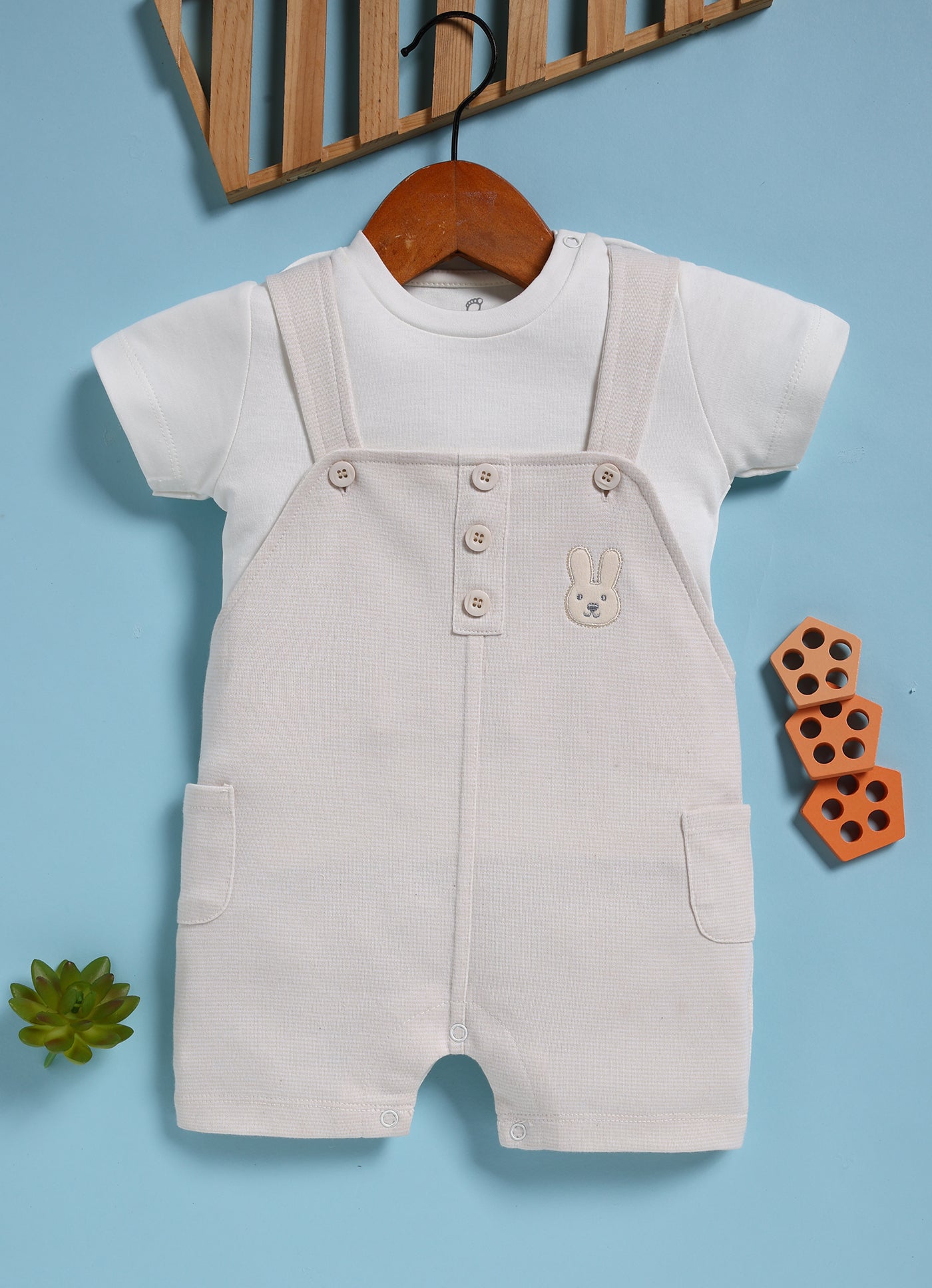 Half Sleeve Dungaree for Boys – Cream Happy Bunny
