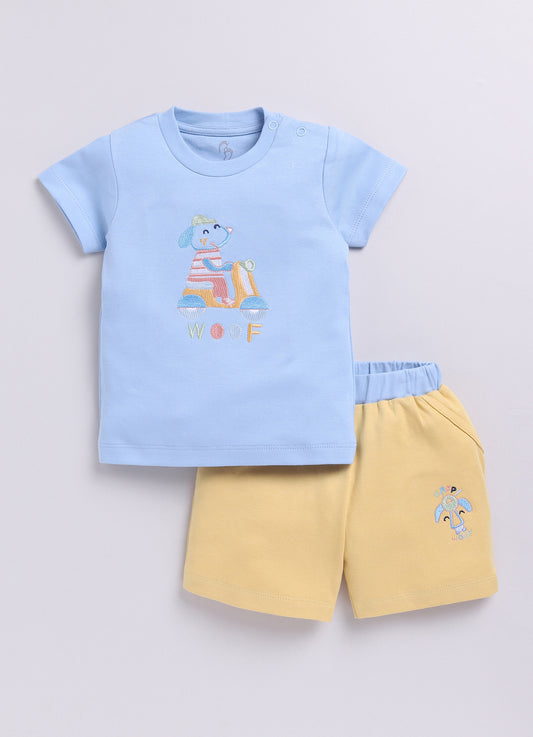 Happy Woof Printed Baby Boy Half T Shirt & Short Set-Blue