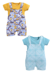 Half Sleeve Dungaree for Boys - Sea Green & Yellow