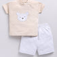 Baby Boy Speckled Top with Bear Pattrned & Light Gray Elastic Waist Shorts-Cream