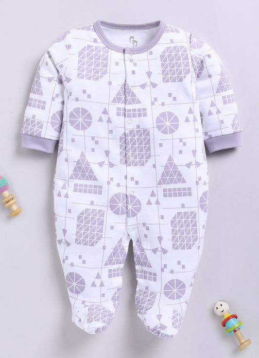 Baby Boy Full Sleeves Footed Romper– Lavender Geometric Grid & Shape Print on White with Snap Button Closure