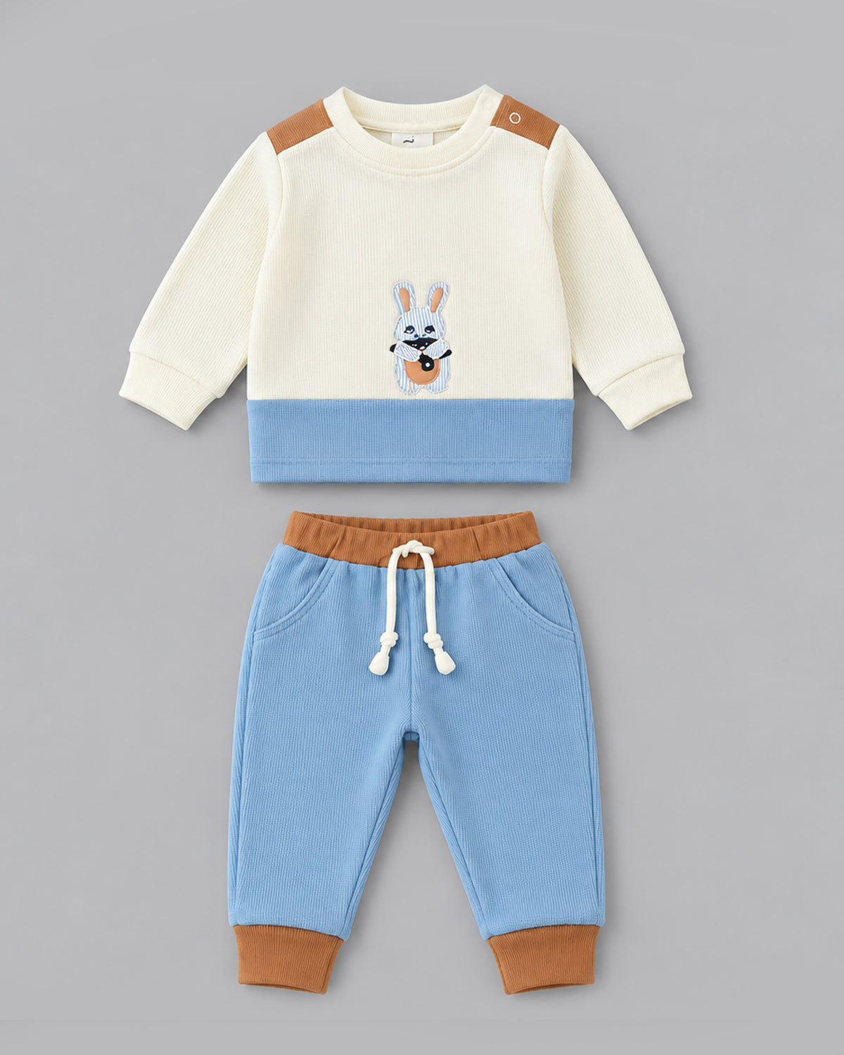 Pirate Bunny Embroidered Color-Blocked Waffle Knit Full Sleeve Top and Bottom for Boys - Off-White