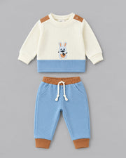 Pirate Bunny Embroidered Color-Blocked Waffle Knit Full Sleeve Top and Bottom for Boys - Off-White