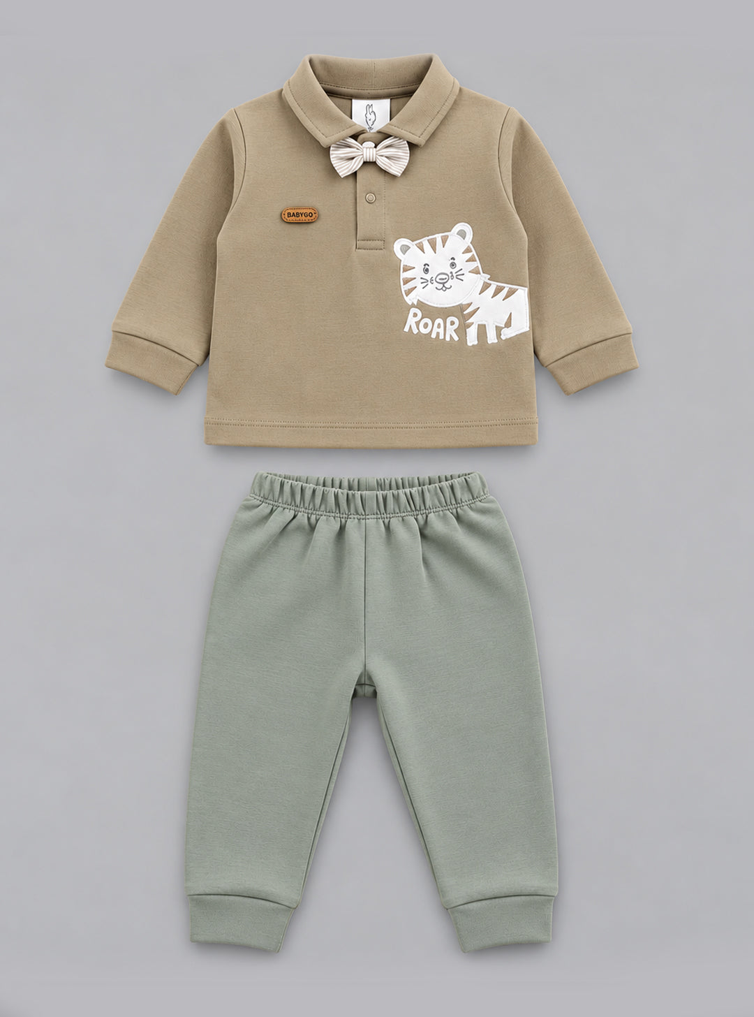 Bow-Tie Tiger Printed Polo Collared Full Sleeve Top and Bottom for Boys - Sage