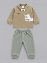 Bow-Tie Tiger Printed Polo Collared Full Sleeve Top and Bottom for Boys - Sage