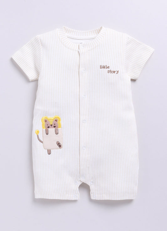 Little Story Bear Embroidered Half Sleeves Summer Romper-BEIGE
