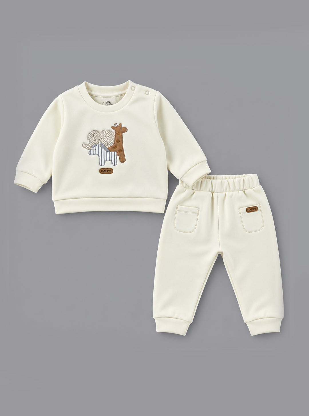 Safari Animal Embroidered Fleece-Lined Full Sleeve Top and Bottom for Boys - Off-White