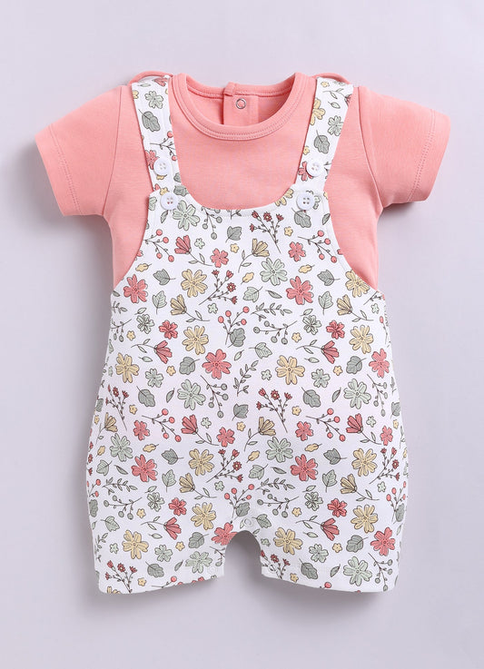 Baby Girls Half Sleeves Dungaree Set – White Floral Printed Dungaree with Soft Peach Tee
