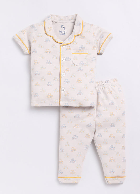 Playful ABC Printed Baby Boy Half Sleeves Night Suit-BEIGE