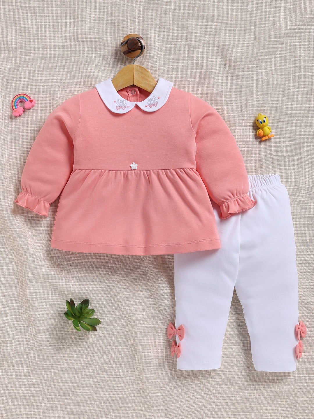 Top & Bottom for Girls - Coral Pink Embroidered Collar Peplum