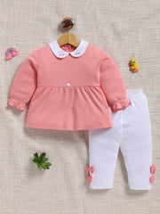 Top & Bottom for Girls - Coral Pink Embroidered Collar Peplum