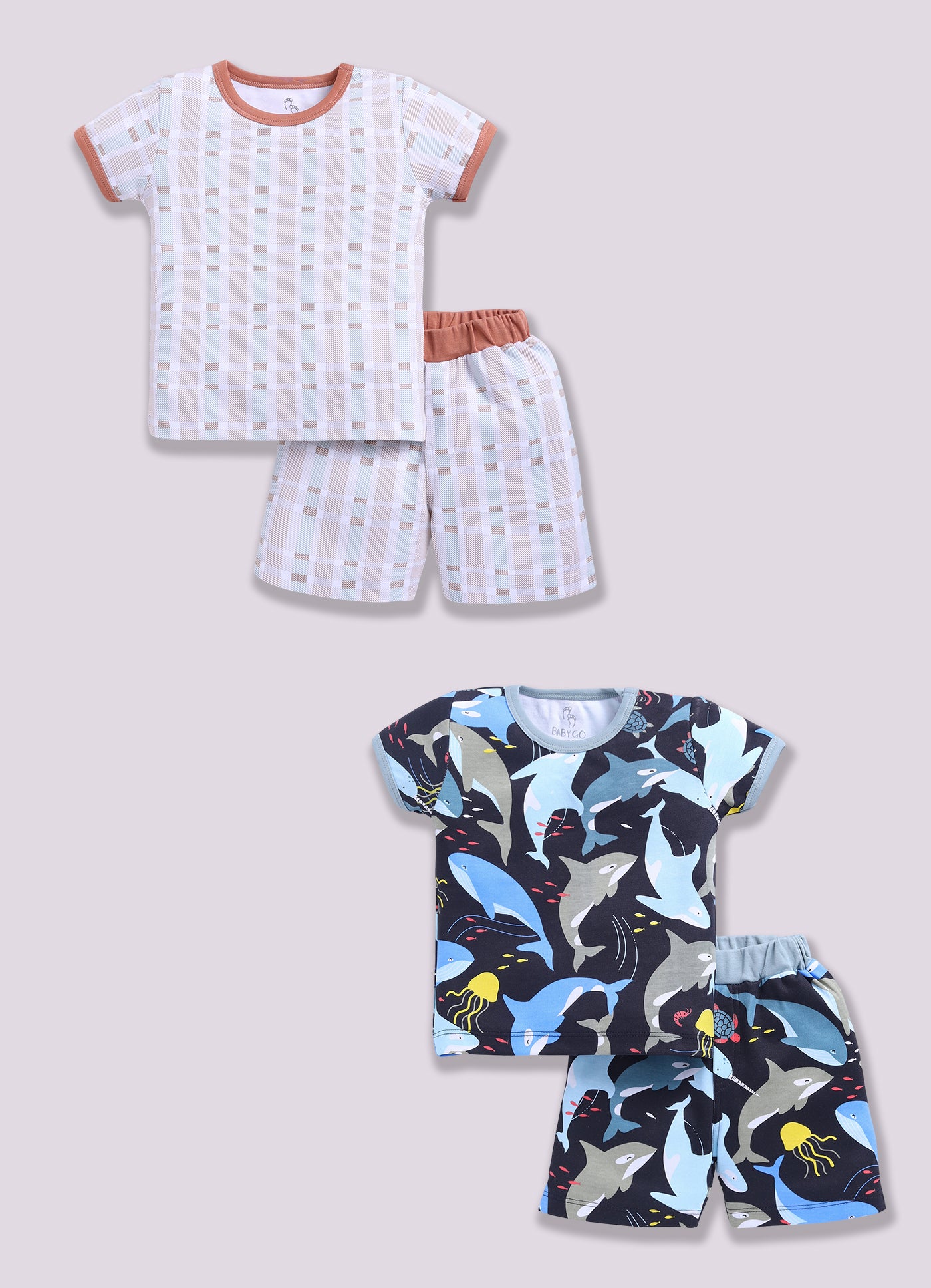 Half Sleeve Top & Bottom for Boys - Tan & Navy