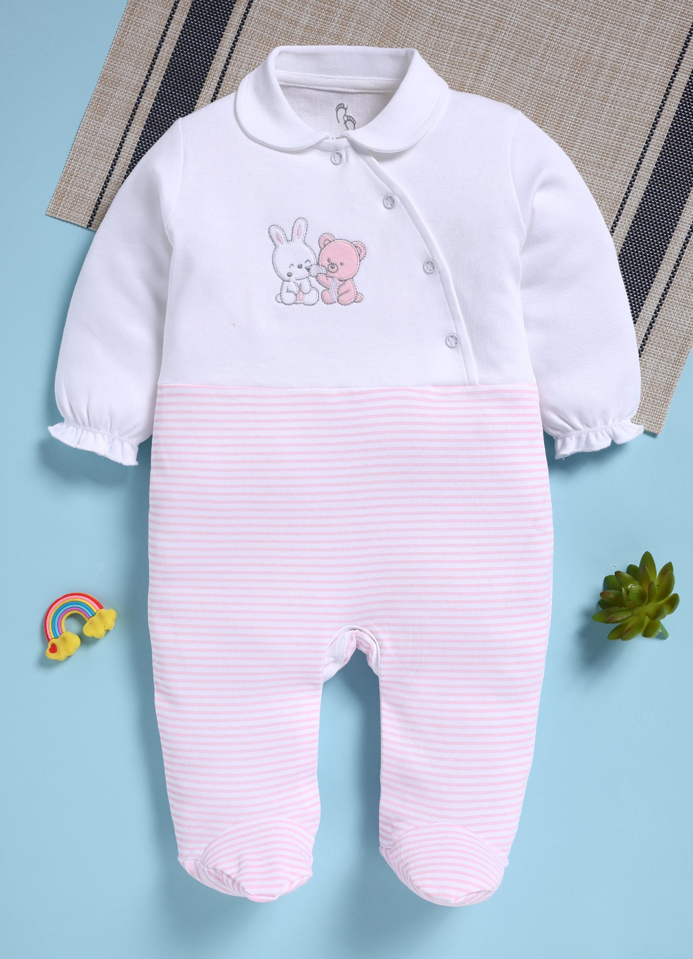 Full Sleeve Romper for Girls - Pink Cuddle Bunny & Baby Bear