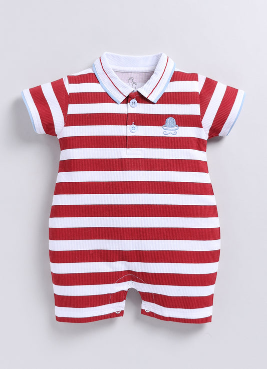 Short Sleeve Striped Polo Baby Boy Romper-Red