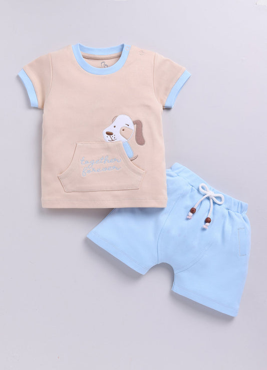 Puppy Embroidered Baby Boy Half T-Shirt & Shorts Summer Set-Beige