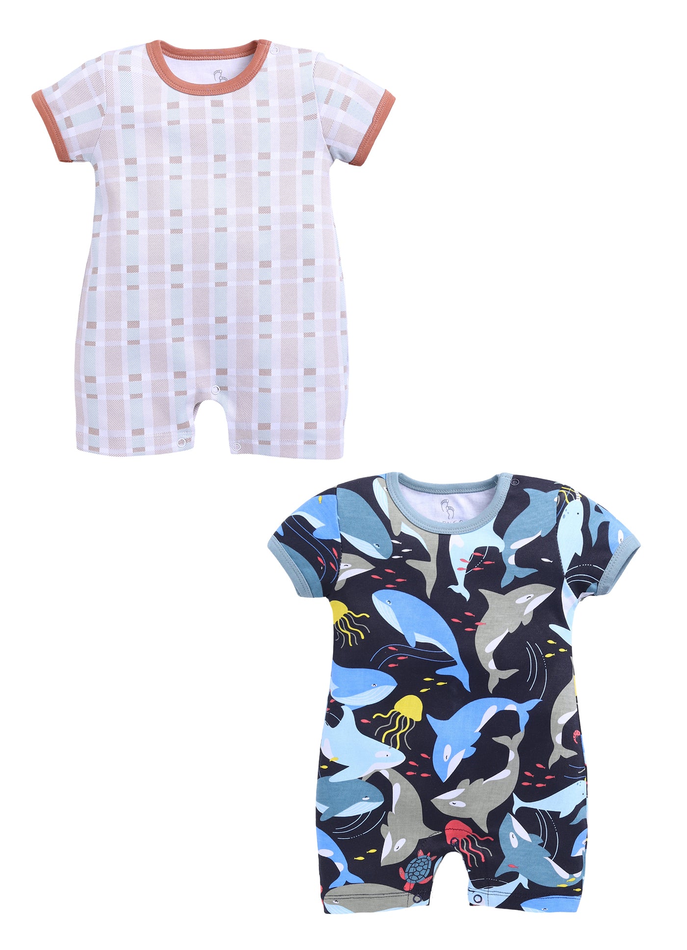 Half Sleeve Romper for Boys - Tan & Navy